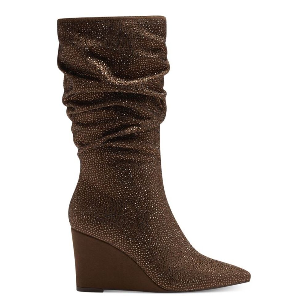 INC Womens Brown Rhinestone Florelle Pointed Toe Wedge Zip-Up Slouch Boot 7.5 M